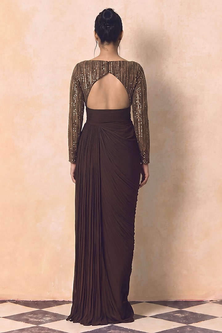 Bronze Tabby Silk Embellished Draped Engagement Gown by Zwaan at Pernia's Pop Up Shop
