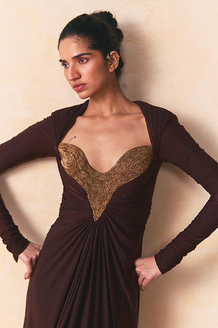 Brown Jersey Pitta Embellished Engagement Gown by Zwaan at Pernia's Pop Up Shop