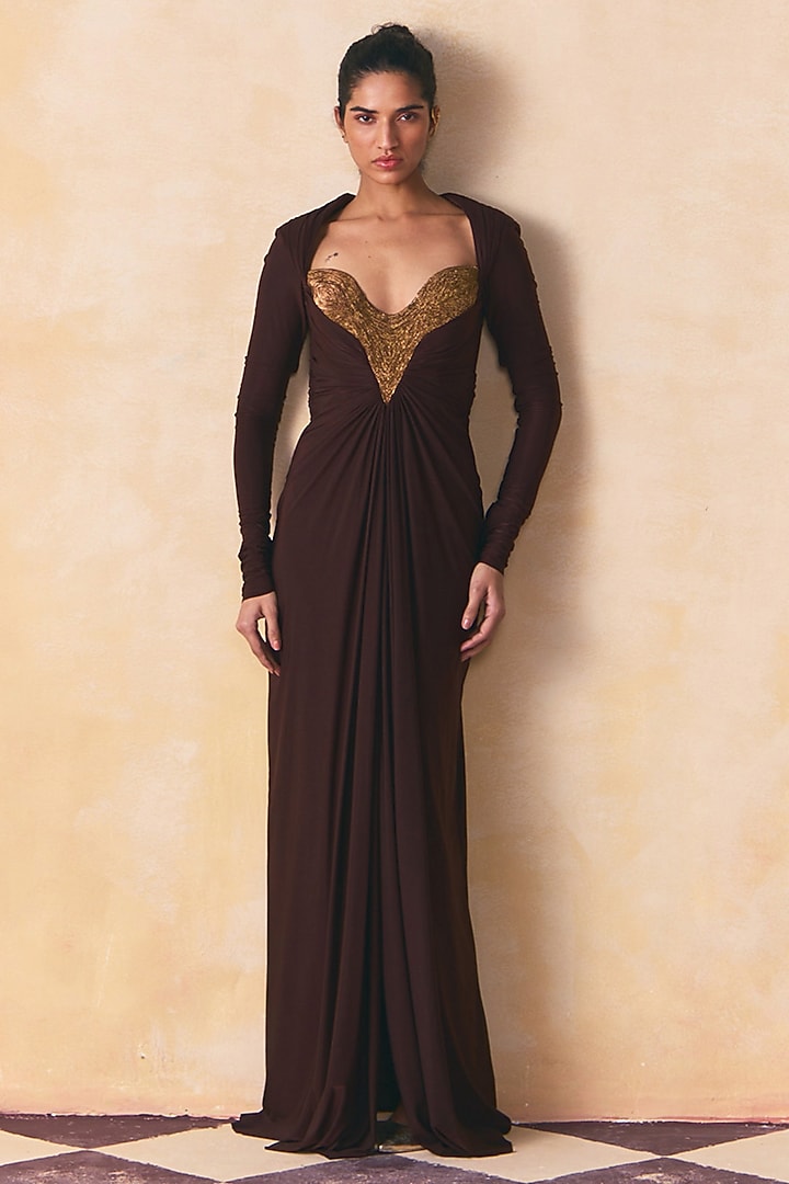 Brown Jersey Pitta Embellished Engagement Gown by Zwaan at Pernia's Pop Up Shop