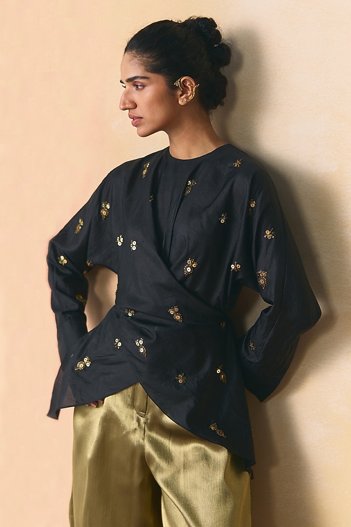 Black Silk Embellished Wrap Top by Zwaan at Pernia's Pop Up Shop