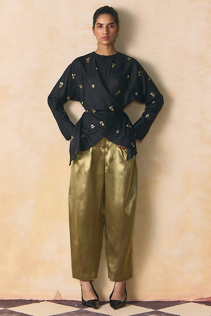 Black Silk Embellished Wrap Top by Zwaan at Pernia's Pop Up Shop
