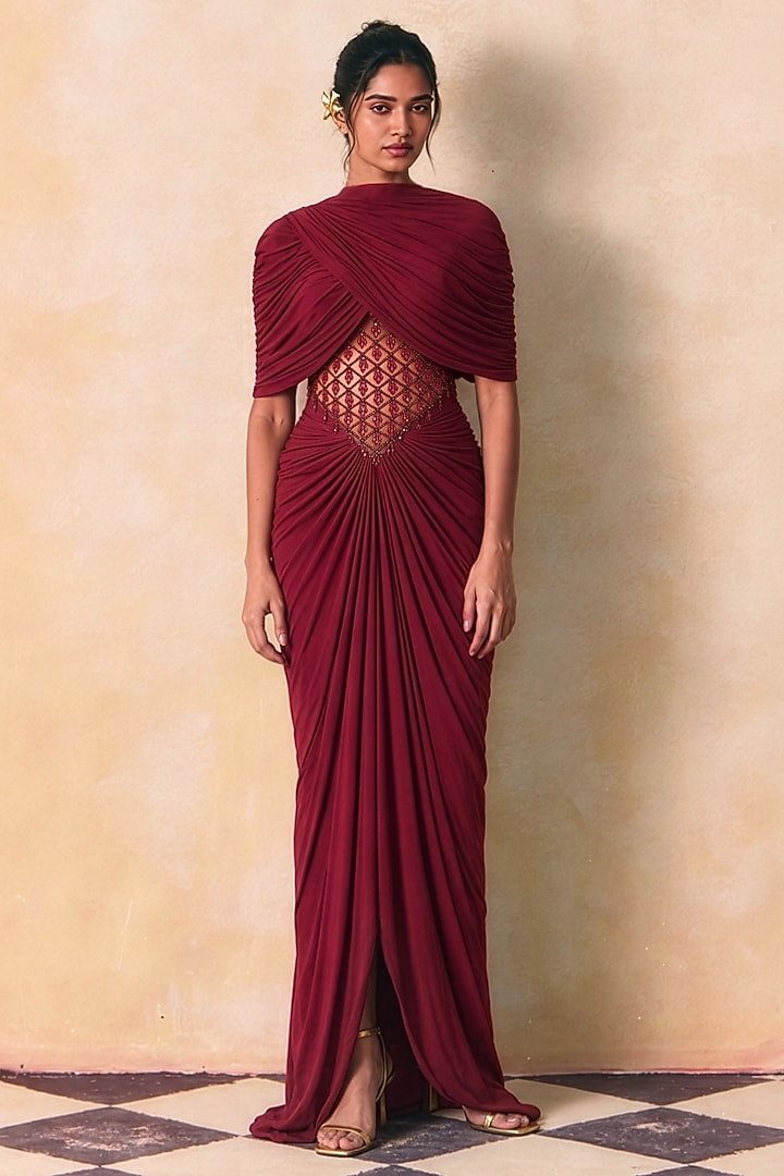 Red Jersey Embellished Draped Engagement Gown by Zwaan at Pernia's Pop Up Shop