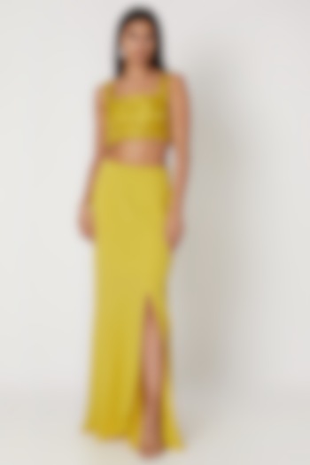 Yellow Embroidered Crop Top With Skirt by Zwaan