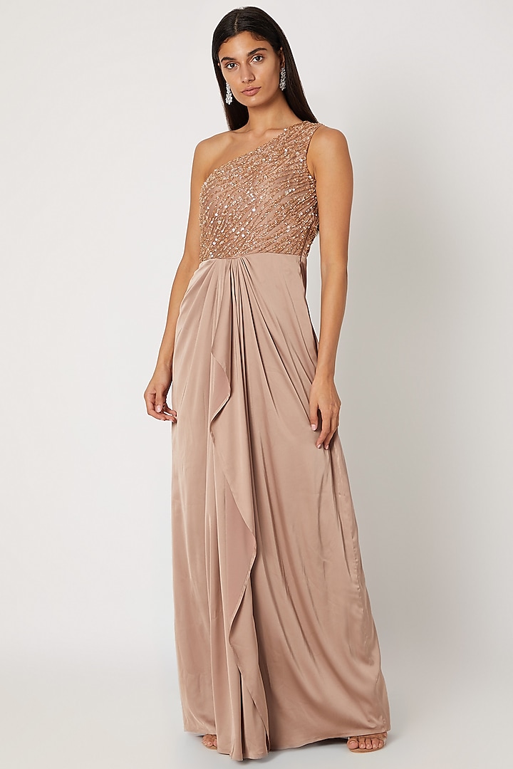 Nude Embroidered Draped Gown by Zwaan