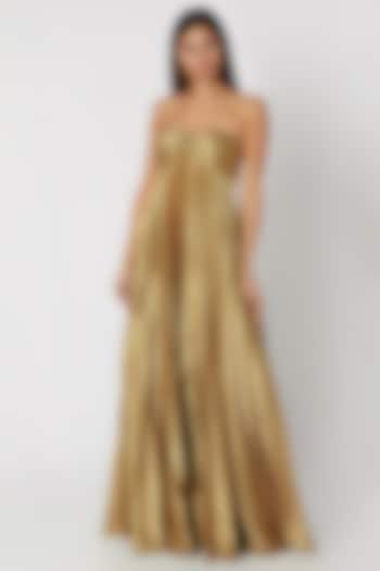 Gold Pleated Tube Gown With Bow by Zwaan