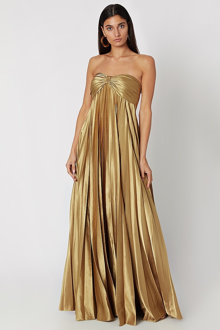 Gold Pleated Tube Gown With Bow by Zwaan