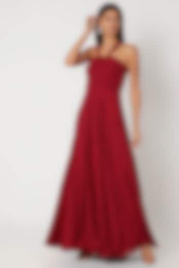 Red Flared Draped Gown by Zwaan
