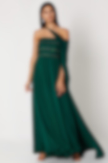 Emerald Green Embroidered Draped Tube Gown by Zwaan