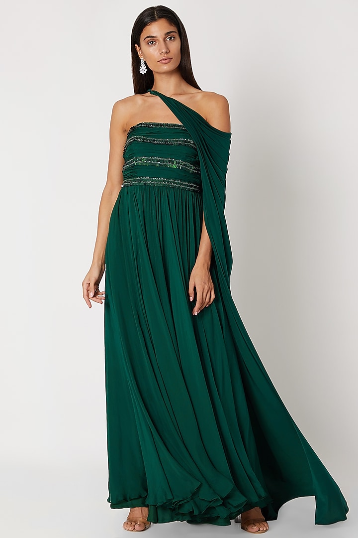 Emerald Green Embroidered Draped Tube Gown by Zwaan