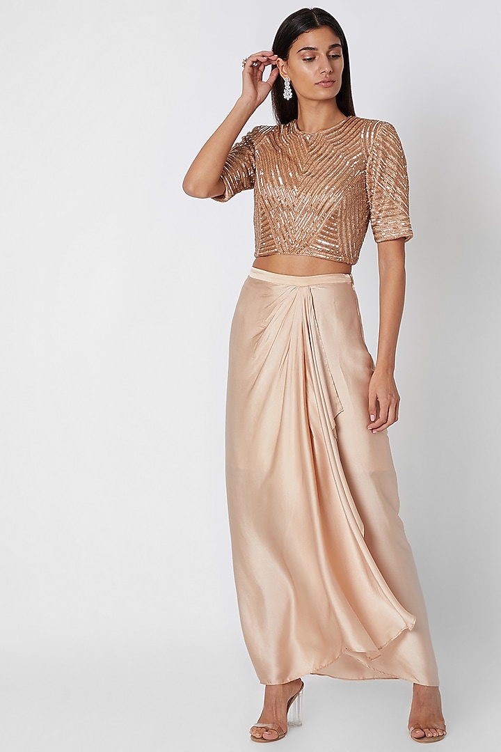 Nude Embroidered Crop Top With Draped Skirt by Zwaan