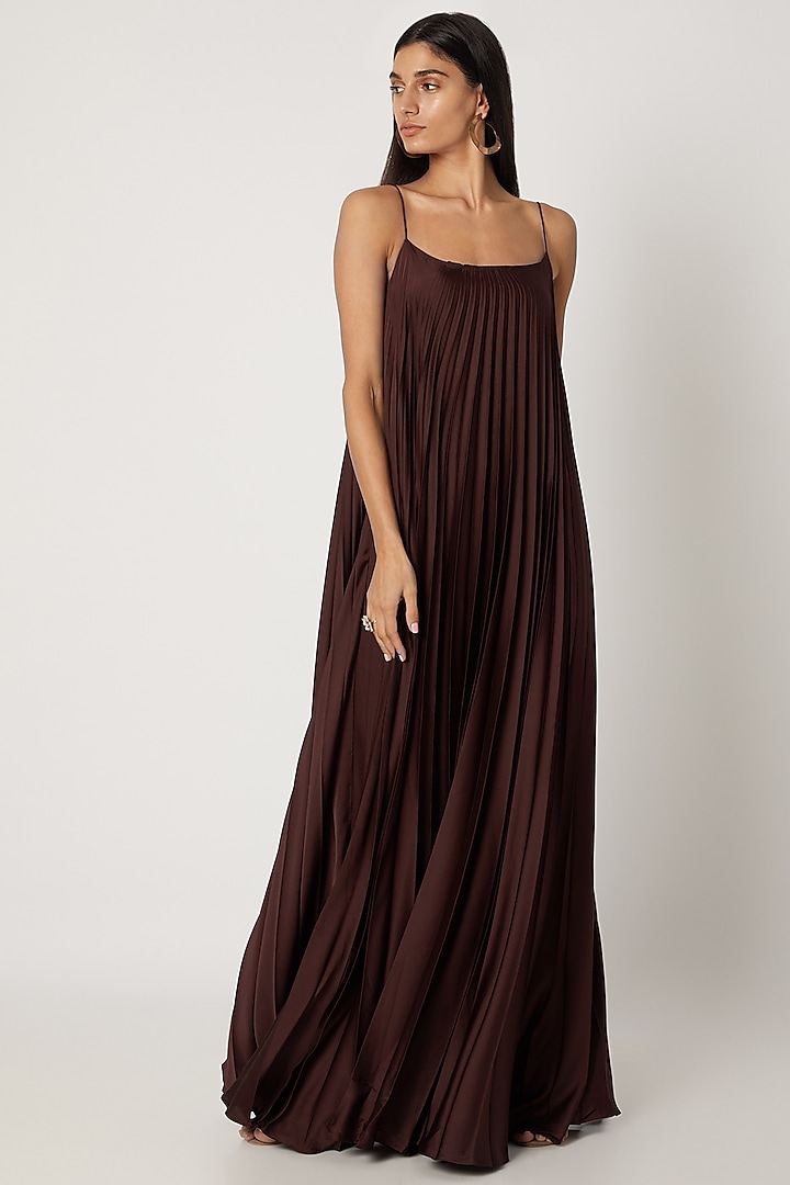 Brown Polyester Gown With Spaghetti Straps by Zwaan