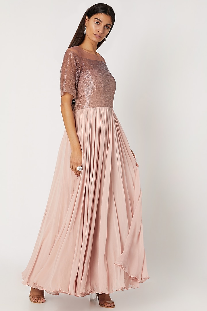 Blush Pink Pleated Embroidered Gown by Zwaan