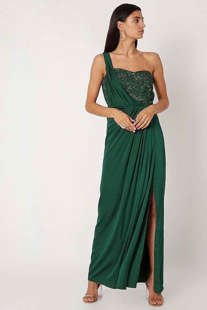 Bottle Green Embroidered Gown by Zwaan