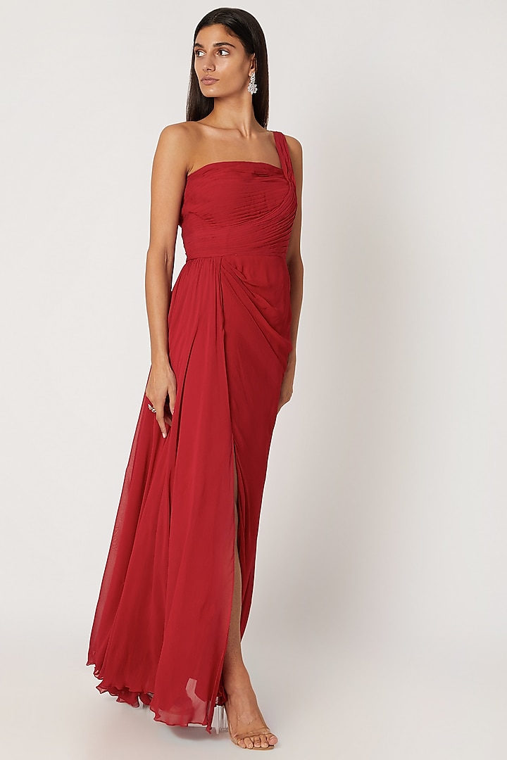 Red Georgette Draped Gown by Zwaan