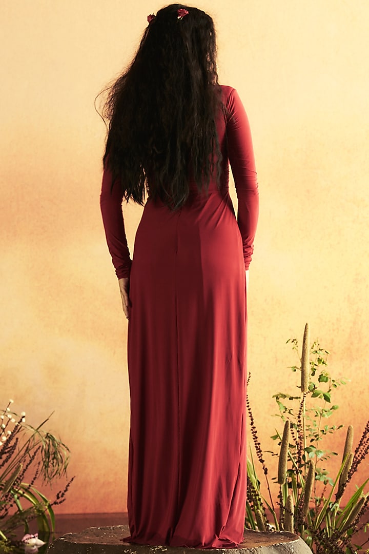 Red Matte Jersey Embellished Draped Party Wear Gown by Zwaan at Pernia's Pop Up Shop