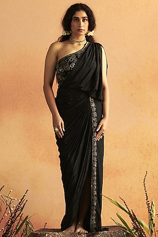 Black Wire Chiffon Embellished Gown by Zwaan