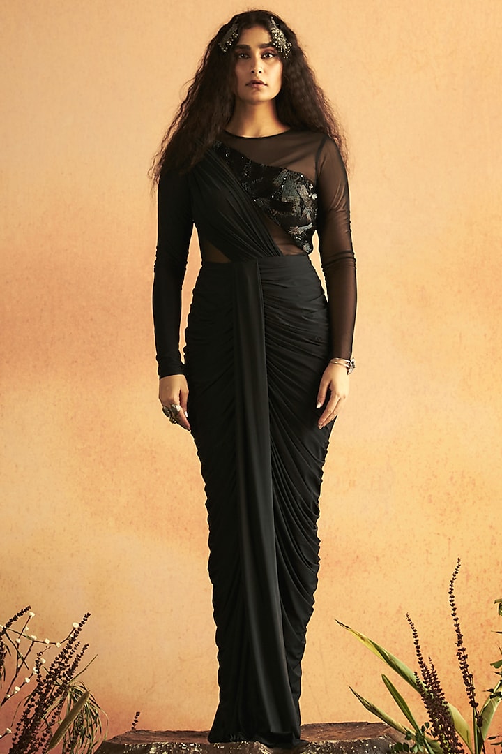 Black Jersey Embellished Gown by Zwaan at Pernia's Pop Up Shop