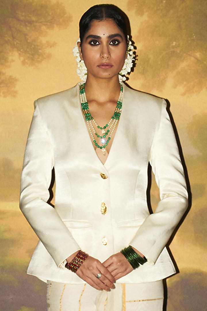 Ivory Mashru Blazer Set by Zwaan at Pernia's Pop Up Shop