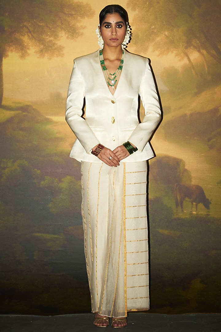 Ivory Mashru Blazer Set by Zwaan at Pernia's Pop Up Shop