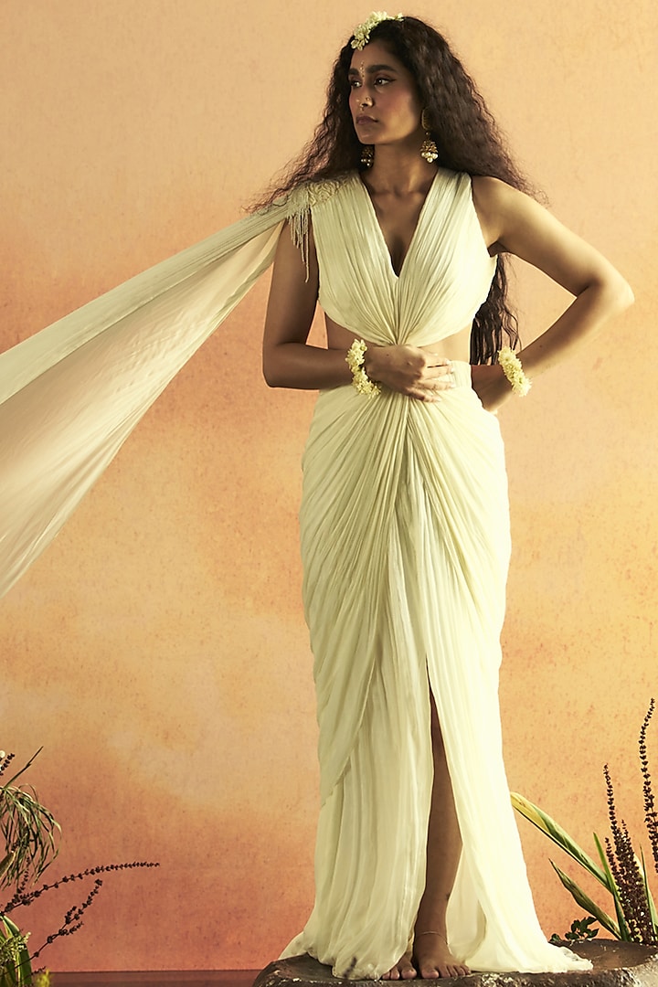 Ivory Tabby Silk Pearl Embroidered Draped Gown by Zwaan at Pernia's Pop Up Shop