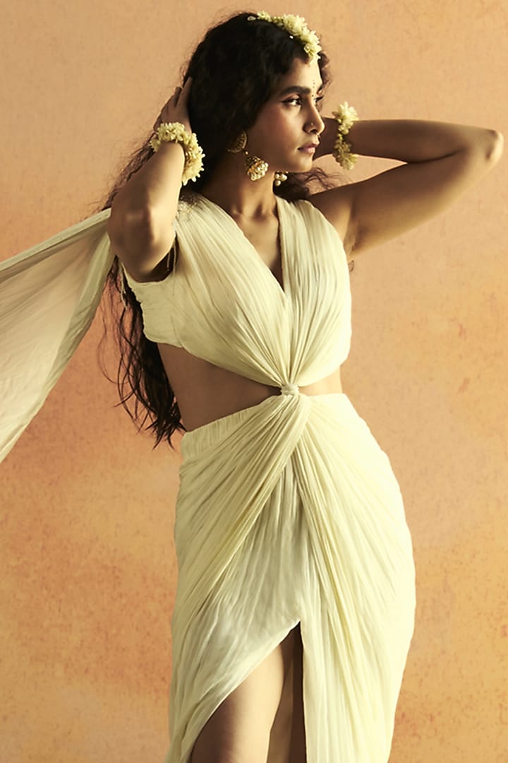 Ivory Tabby Silk Pearl Embroidered Draped Engagement Gown by Zwaan at Pernia's Pop Up Shop