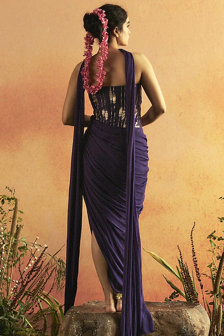 Purple Chanderi & Tabby Silk Corset Fit Cowl Draped Party Wear Gown by Zwaan at Pernia's Pop Up Shop