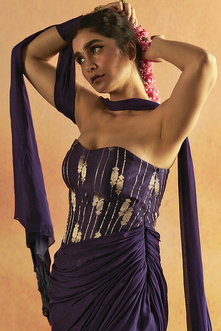 Purple Chanderi & Tabby Silk Corset Fit Cowl Draped Party Wear Gown by Zwaan at Pernia's Pop Up Shop