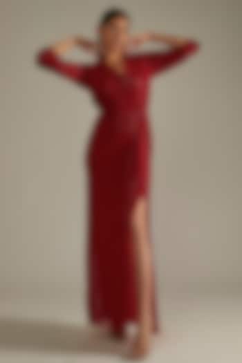 Red Embellished Draped Gown by Zwaan