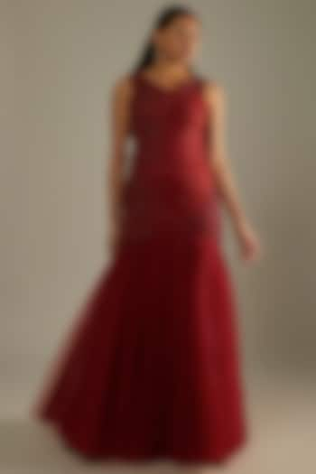 Red & Maroon Ombre Embellished Gown by Zwaan