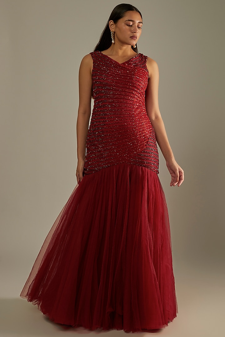 Red & Maroon Ombre Embellished Gown by Zwaan