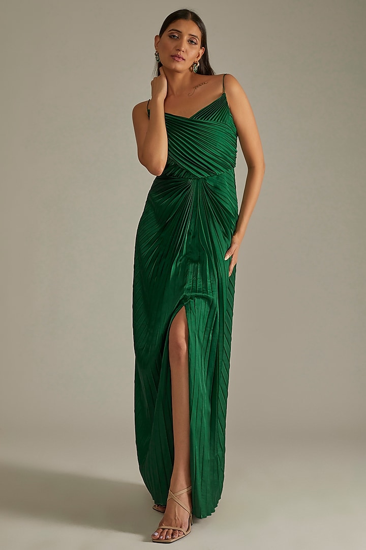 Emerald Green Georgette Pleated Gown by Zwaan