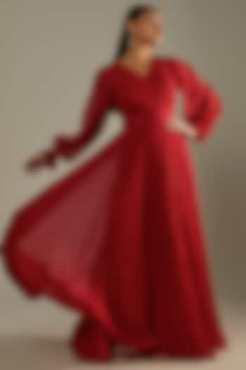 Red Chiffon Draped Gown by Zwaan