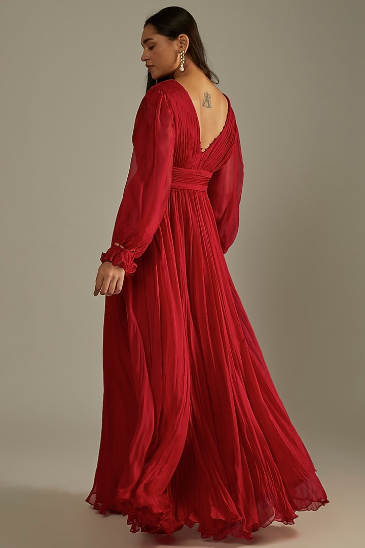 Red Chiffon Draped Party Wear Gown by Zwaan at Pernia's Pop Up Shop
