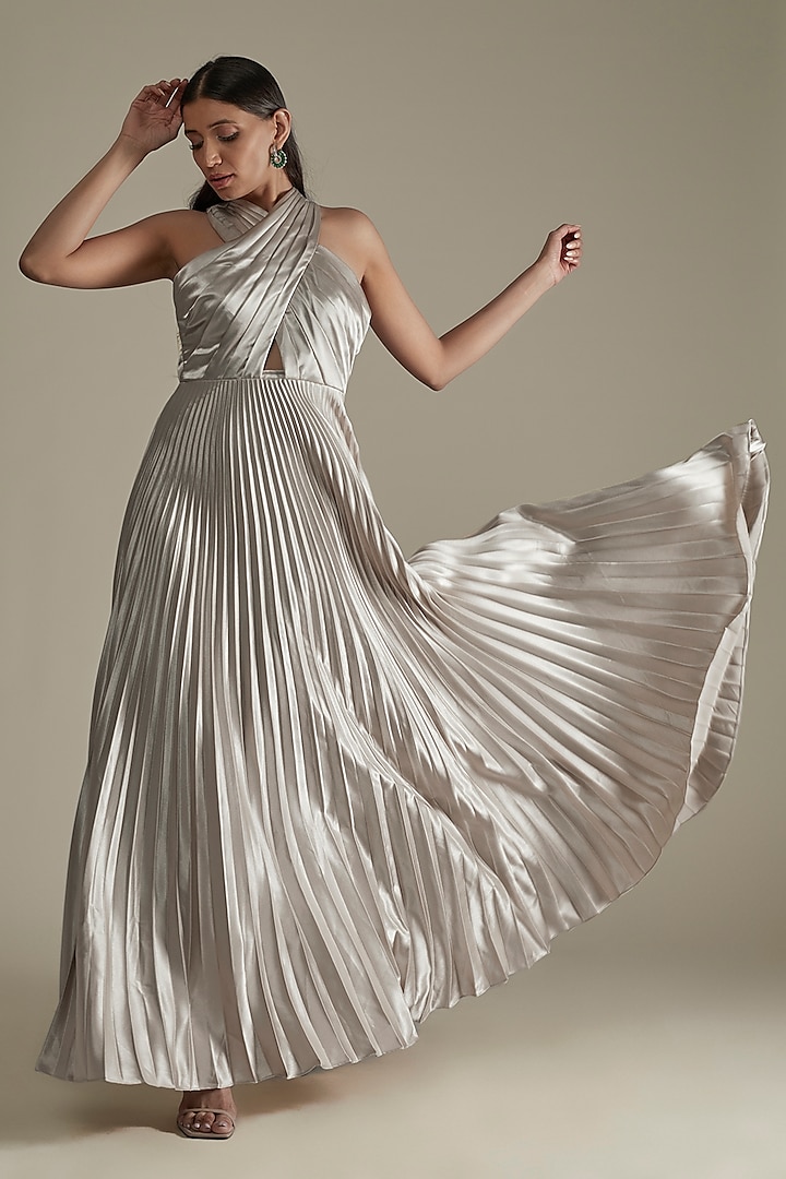 Silver Satin Draped Gown by Zwaan