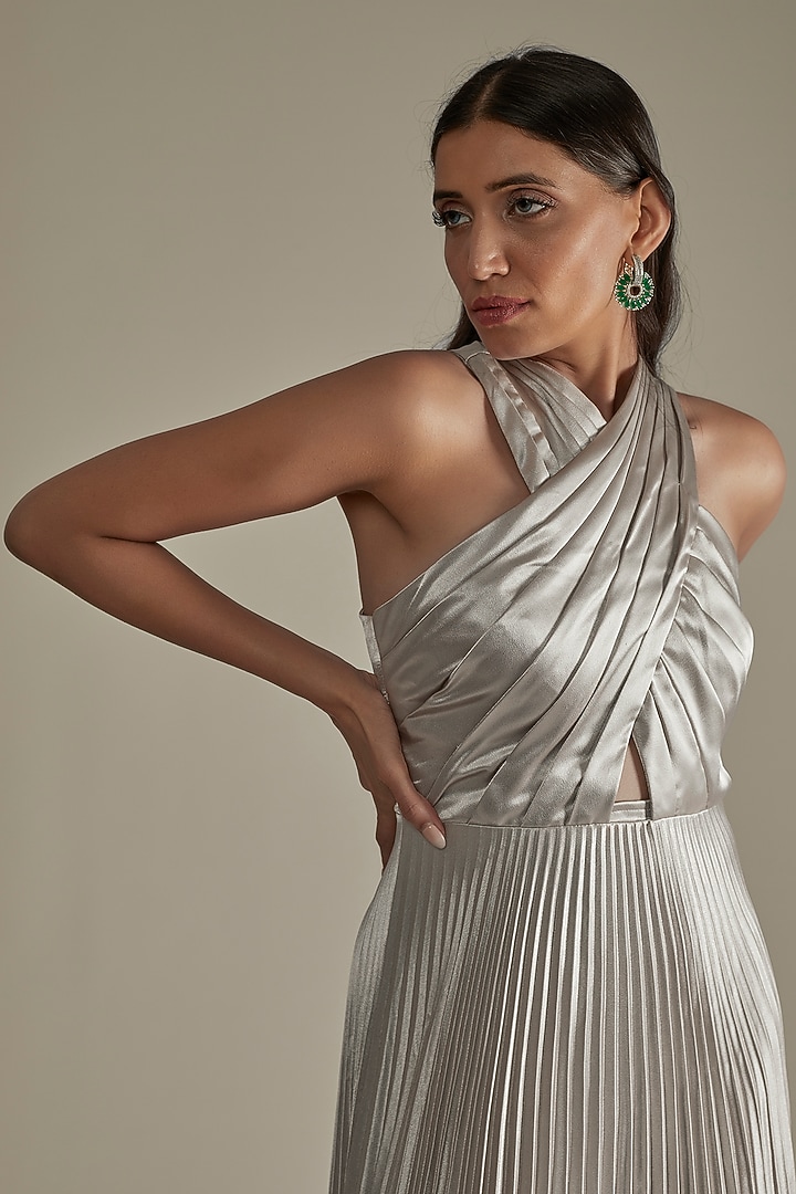 Silver Satin Draped Party Wear Gown by Zwaan at Pernia's Pop Up Shop