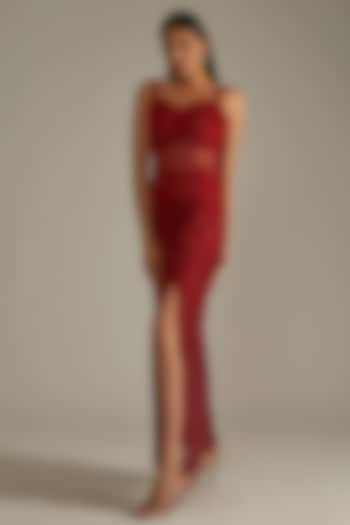 Red Ombre Embellished Sheath Gown by Zwaan at Pernia's Pop Up Shop