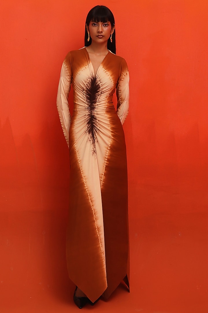 Beige & Brown Four Way Matte jersey Asymmetric Maxi Vacation Dress by Zwaan at Pernia's Pop Up Shop