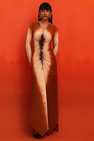 Beige & Brown Four Way Matte jersey Asymmetric Maxi Dress by Zwaan