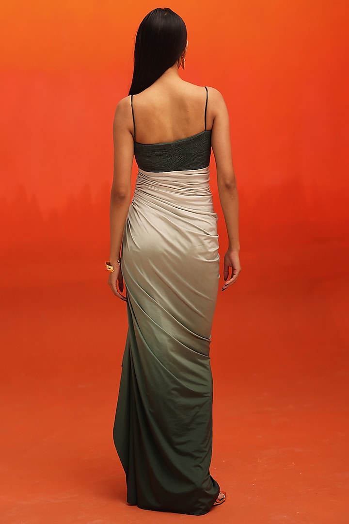Grey & Green Ombre Satin Draped Party Wear Gown by Zwaan at Pernia's Pop Up Shop
