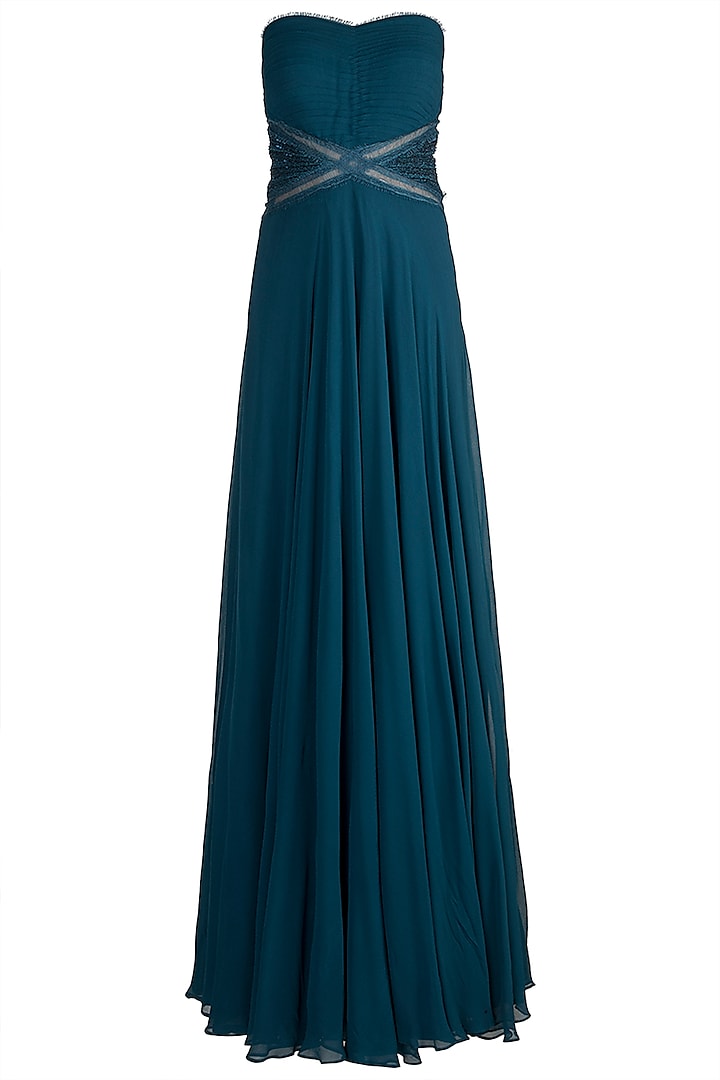 Teal Embellished Tube Gown by Zwaan