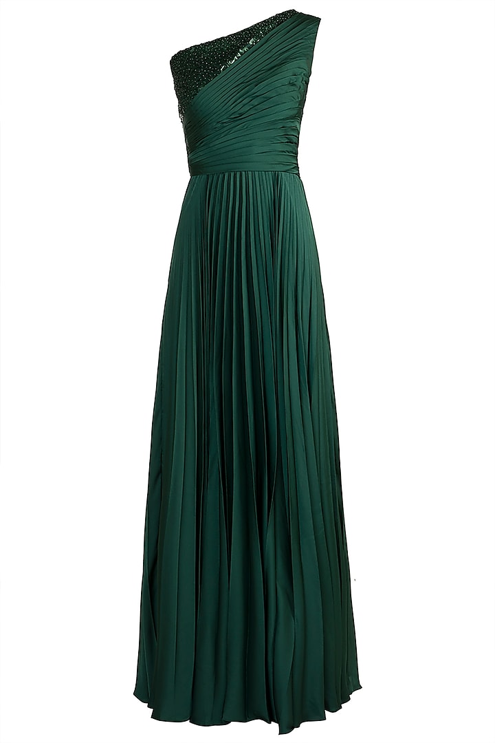 Green Embellished One Shoulder Gown by Zwaan