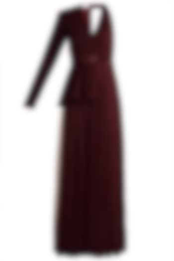 Maroon Polka Dot Blazer Gown With Embellished Belt by Zwaan
