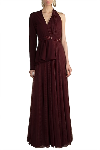 Maroon Polka Dot Blazer Gown With Embellished Belt by Zwaan