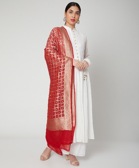 Red Heavy Banarasi Silk Suit With Heavy Hand Embroidered Dupatta